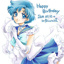 Rule 34 | 10s, 1girl, 2014, adapted costume, artist name, bishoujo senshi sailor moon, blue bow, blue eyes, blue hair, blue sailor collar, blue skirt, bow, brooch, choker, circlet, dated, earrings, elbow gloves, gloves, happy birthday, jewelry, lowres, magical girl, matching hair/eyes, mercury symbol, mizuno ami, ribbon, sailor collar, sailor mercury, shirataki kaiseki, short hair, skirt, smile, solo, white background, white gloves