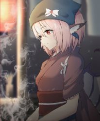 Rule 34 | 1girl, animal ears, bad id, bad pixiv id, blurry, blurry background, blush, bow, closed mouth, commentary request, from side, head scarf, highres, japanese clothes, mystia lorelei, okamisty, pink hair, red eyes, short hair, short sleeves, smile, smoke, solo, teraguchi, touhou, upper body, wings