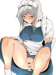 Rule 34 | 1girl, banned artist, bar censor, blue skirt, blush, breasts, censored, cum, cum in pussy, embarrassed, feet out of frame, hekiga (freelot), highres, izayoi sakuya, legs apart, no panties, pussy, red eyes, silver hair, skirt, solo, thighs, touhou
