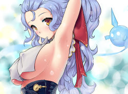 Rule 34 | 10s, 1girl, absurdres, adjusting hair, alternate breast size, armpits, blue hair, breast curtains, breasts, covered erect nipples, davvworlds, ferry (granblue fantasy), from side, granblue fantasy, hair pulled back, highres, large breasts, long hair, looking at viewer, mouth hold, sideboob, solo, underboob, upper body, wavy hair, yellow eyes