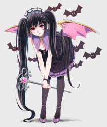 Rule 34 | 1girl, artist name, bat (animal), bat wings, black hair, blue cattail, blush, breasts, cleavage, dress, full body, grey background, hair ornament, highres, leaning forward, long hair, looking at viewer, medium breasts, nae (tales of erin), pink eyes, solo, staff, standing, tales of erin, thighhighs, twintails, very long hair, wings