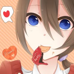 Rule 34 | 1girl, bad id, bad pixiv id, blue eyes, brown hair, candy wrapper, eating, heart, long hair, lowres, nino1204, original, ponytail, solo, speech bubble, wrapper