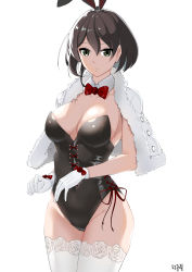 Rule 34 | 1girl, absurdres, animal ears, bad id, bad pixiv id, black eyes, black hair, black leotard, bow, bowtie, breasts, cape, cleavage, commentary request, cowboy shot, detached collar, fake animal ears, fur-trimmed cape, fur trim, gloves, highres, korean commentary, leotard, looking at viewer, medium breasts, neoguri, original, playboy bunny, rabbit ears, rabbit girl, rabbit tail, red bow, red bowtie, short hair, simple background, solo, strapless, strapless leotard, tail, thighhighs, white background, white cape, white gloves, white thighhighs