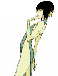 Rule 34 | 1girl, backless outfit, black hair, blunt bangs, breasts, china dress, chinese clothes, dress, female focus, hip vent, original, parted lips, profile, short hair, simple background, small breasts, solo, white background, yeeeebis