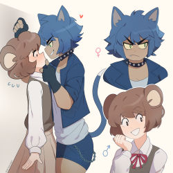 Rule 34 | 1boy, 1girl, :d, animal ears, assertive female, blush, cat ears, cat girl, cat tail, collar, commentary, crossdressing, dark-skinned female, dark skin, english commentary, eye contact, fang, fingerless gloves, flying sweatdrops, gloves, grabbing another&#039;s chin, grin, hand on another&#039;s chin, heart, highres, kabedon, looking at another, mouse boy, mouse ears, nervous, nose blush, open mouth, original, reverse trap, short hair, sky guy art, smile, spiked collar, spikes, sweatdrop, tail, tom and jerry, tomboy, trap, twitter username, v-shaped eyebrows