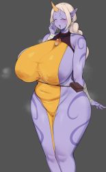 Rule 34 | 1girl, areola slip, bandaged arm, bandages, breasts, chamchami, cleft of venus, clothes, colored skin, curvy, ear piercing, closed eyes, grey background, highres, horn, huge breasts, inverted nipples, jewelry, large areolae, league of legends, long hair, looking at viewer, monster girl, necklace, nipples, open mouth, piercing, plump, pointy ears, ponytail, purple skin, riot games, simple background, smile, solo, soraka (league of legends), standing, thick thighs, thighs, white hair, wide hips