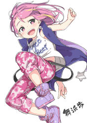 Rule 34 | 1girl, ankle boots, asymmetrical bangs, bare arms, belt, black belt, blush, boots, breakdance, breasts, character name, dancing, dot nose, feet out of frame, forehead, full body, high ponytail, idolmaster, idolmaster million live!, idolmaster million live! theater days, jacket, kuresuku (lessons), loose belt, maihama ayumu, medium breasts, multicolored hair, open clothes, open jacket, pants, pink eyes, pink hair, pink pants, shirt, sideways glance, simple background, smile, solo, teeth, two-tone hair, upper teeth only, white background, white shirt