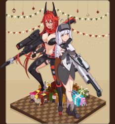 Rule 34 | 2girls, :d, ahoge, anti-materiel rifle, assault rifle, belt, black belt, black bow, black bowtie, black footwear, black gloves, black jacket, black pants, boots, bow, bowtie, box, breasts, bullpup, character doll, character request, checkered floor, cleavage, cloak, closed mouth, commentary request, cropped jacket, crossed arms, crotch plate, dorothy (nikke), dress, fingerless gloves, full body, gift, gift box, gloves, goddess (nikke), goddess of victory: nikke, gun, hair between eyes, head-mounted display, headlock, high heel boots, high heels, highres, hip vent, holding, holding gun, holding weapon, horns, jacket, large breasts, leather, leather jacket, leather pants, liliweiss (nikke), long hair, long sleeves, looking at viewer, mechanical horns, multiple girls, navel, open mouth, pants, pixel art, rapunzel (nikke), red hair, red hood (nikke), red scarf, rifle, scarf, scarlet (black shadow) (nikke), scarlet (nikke), sealssugiyama, shoes, sidelocks, smile, sniper rifle, snow white (innocent days) (nikke), snow white (nikke), socks, standing, stomach, string of flags, sugiyamasama, suspenders, the legendary commander (nikke), unzipped, weapon, white cloak, white hair, white socks, yellow eyes