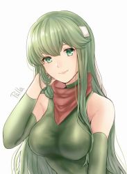 Rule 34 | 1girl, breasts, character name, closed mouth, fire emblem, fire emblem: mystery of the emblem, green eyes, green hair, headband, long hair, medium breasts, nintendo, palla (fire emblem), shimizu akina, simple background, sleeveless, smile, solo, upper body, white background, white headband