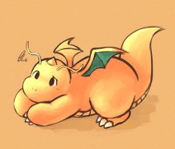 Rule 34 | black eyes, claws, commentary request, creatures (company), dragonite, game freak, gen 1 pokemon, looking up, lying, nintendo, no humans, on stomach, orange background, pokemon, pokemon (creature), ryusei0402, solo, squiggle