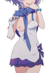 Rule 34 | 1girl, azur lane, breasts, gloves, head out of frame, highres, javelin (azur lane), medium breasts, medium hair, morisobo, nipples, one breast out, open mouth, paid reward available, plaid, plaid skirt, purple hair, simple background, single glove, skirt, solo, white background, white gloves
