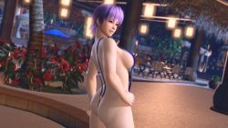 Rule 34 | 1girl, 3d, ass, ayane (doa), breasts, dead or alive, large breasts, official art, purple hair, slingshot swimsuit, solo, swimsuit, tecmo