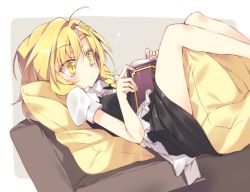 Rule 34 | 1girl, ahoge, apron, black skirt, blonde hair, blush, book, braid, closed mouth, commentary request, couch, cropped legs, derivative work, dress shirt, fingernails, grey background, hair between eyes, hair ornament, holding, holding book, kirisame marisa, long fingernails, lying, on back, open book, pillow, puffy short sleeves, puffy sleeves, reading, satou kibi, shirt, short hair, short sleeves, side braid, simple background, single braid, skirt, solo, star (symbol), star hair ornament, touhou, two-tone background, waist apron, white background, yellow eyes