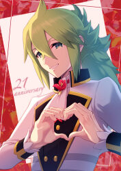 Rule 34 | 1boy, anniversary, ascot, buttons, commentary request, cowlick, creatures (company), flower, framed, game freak, green eyes, green hair, hair between eyes, hands up, heart, heart hands, highres, jacket, long hair, long sleeves, maki (letusgomaki), male focus, n (anniversary 2021) (pokemon), n (pokemon), nintendo, official alternate costume, pokemon, pokemon masters ex, ponytail, smile, solo, upper body, white ascot