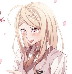 Rule 34 | 1girl, :d, ahoge, akamatsu kaede, beamed eighth notes, blonde hair, breasts, cheer (cheerpuppy14), collared shirt, commentary, danganronpa (series), danganronpa v3: killing harmony, eighth note, english commentary, fortissimo, hair ornament, hand up, highres, long hair, musical note, musical note hair ornament, necktie, open mouth, pink sweater vest, pink vest, shirt, simple background, smile, solo, sweater vest, upper body, vest, white background, white shirt