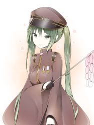Rule 34 | 1girl, bad id, bad pixiv id, brown dress, brown hat, dress, giryu, glasses, green eyes, green hair, hair between eyes, hat, hatsune miku, holding, long hair, military hat, open mouth, senbon-zakura (vocaloid), simple background, solo, twintails, upper body, very long hair, vocaloid, white background