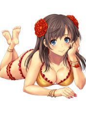Rule 34 | 1girl, anklet, ass, bangle, bare shoulders, barefoot, blue eyes, blush, bracelet, breasts, brown hair, cleavage, closed mouth, collarbone, commentary request, crossed ankles, dancer, earrings, fate/grand order, fate (series), flower, hair flower, hair ornament, hand on own cheek, hand on own face, highres, hoop earrings, jewelry, large breasts, long hair, looking at viewer, lying, mata hari (fate), nail polish, on bed, on stomach, red nails, sakiyamama, sidelocks, signature, simple background, smile, soles, solo, sparkle, the pose, thighs, toes, white background