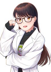 Rule 34 | 1girl, absurdres, adjusting eyewear, arm under breasts, bespectacled, black-framed eyewear, black shirt, brown hair, character request, commentary request, copyright request, glasses, highres, jacket, kubota miyu, long hair, long sleeves, looking at viewer, open clothes, open jacket, open mouth, pink nails, print shirt, real life, rrtp, shirt, sleeves past wrists, solo, standing, upper body, voice actor, white background, white jacket, yellow eyes