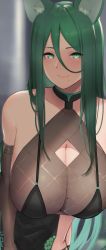Rule 34 | 1girl, animal ears, bare shoulders, black dress, blush, breasts, cleavage, cleavage cutout, closed mouth, clothing cutout, commentary, dress, elbow gloves, fox ears, gloves, green eyes, green hair, hair between eyes, hanging breasts, hayabusa, highres, huge breasts, long hair, looking at viewer, mole, mole on breast, mole on neck, mole under eye, mole under mouth, original, single glove, smile, solo, strapless, strapless dress