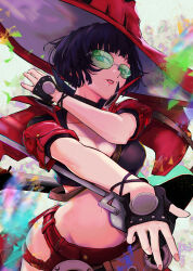 Rule 34 | 1girl, absurdres, black hair, breasts, cleavage, fingerless gloves, gloves, green-tinted eyewear, guilty gear, guilty gear strive, hat, highres, i-no, large breasts, looking at viewer, medium breasts, mole, mole above mouth, red hat, red leather, red lips, short hair, solo, sunglasses, tinted eyewear, venus symbol, witch hat, yuu (primenumber7)