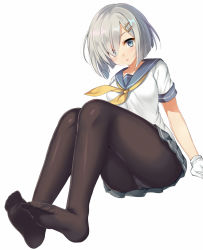 Rule 34 | 10s, 1girl, arm support, bad id, bad pixiv id, black pantyhose, blue eyes, breasts, eyes visible through hair, feet, gloves, hair ornament, hair over one eye, hairclip, hamakaze (kancolle), harimoji, kantai collection, large breasts, looking at viewer, neckerchief, no shoes, open mouth, panties, panties under pantyhose, pantyhose, pleated skirt, school uniform, serafuku, short hair, silver hair, sitting, skirt, solo, toes, underwear, white gloves, white panties, yellow neckerchief