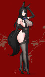 Rule 34 | 1girl, animal ears, bare shoulders, black-haired fox girl (hayabusa), black dress, black footwear, black gloves, black hair, black thighhighs, blue eyes, blush, breast curtains, breasts, cleavage, closed mouth, commentary request, covered navel, dress, elbow gloves, full body, gloves, hayabusa, high heels, highres, large breasts, long hair, looking at viewer, mole, mole under eye, original, pelvic curtain, red background, sideboob, smile, solo, standing, tail, thighhighs, thighs