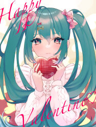 Rule 34 | 1girl, artist name, blue eyes, bow, box, closed mouth, cursive, english text, gift, green hair, hair bow, hair ornament, hairclip, hatsune miku, heart-shaped box, highres, holding, holding gift, jewelry, light frown, long hair, long sleeves, looking at viewer, nagase kei, pink bow, ring, shirt, signature, solo, twintails, valentine, very long hair, vocaloid, white shirt