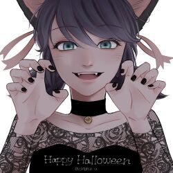 Rule 34 | 1girl, animal ears, bell, black shirt, blue eyes, blue hair, cat ears, cat girl, chigico u, highres, jewelry, jingle bell, looking at viewer, marinette dupain-cheng, miraculous ladybug, necklace, paw pose, shirt, simple background, smile, solo, upper body, white background