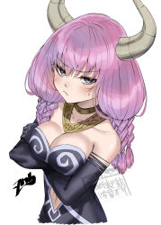 1girl aura_(sousou_no_frieren) black_gloves blue_eyes braid clothing_cutout commentary_request crossed_arms demon_girl demon_horns elbow_gloves gloves gold_necklace horns jewelry long_hair looking_at_viewer low-braided_long_hair low-tied_long_hair multiple_braids navel_cutout necklace purple_hair quad_braids simple_background solo sousou_no_frieren upper_body watermark white_background zombie_mogura