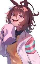 Rule 34 | 1girl, absurdres, agnes tachyon (umamusume), ahoge, animal ears, black necktie, black shirt, brown hair, chemical structure, coat, collared shirt, earrings, hair between eyes, hand on own chin, highres, horse ears, horse girl, jewelry, lab coat, long sleeves, looking at viewer, necktie, open mouth, red eyes, shirt, shirt under sweater, short hair, short necktie, single earring, sleeves past fingers, sleeves past wrists, smile, solo, sutora binsuke, sweater, umamusume, white coat, yellow sweater
