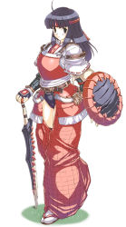 Rule 34 | 1girl, armor, blue hair, breastplate, brown eyes, fingerless gloves, full body, gauntlets, gloves, headband, lao-shan lung (armor), long hair, looking at viewer, monster hunter (series), original, sandals, shield, simple background, solo, standing, sword, uchiu kazuma, weapon, white background