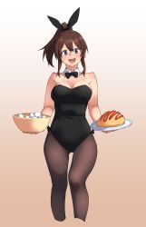 Rule 34 | 1girl, animal ears, black bow, black bowtie, black leotard, black pantyhose, black ribbon, blue eyes, bow, bowl, bowtie, breasts, brown hair, cleavage, commentary request, cropped legs, detached collar, egg, egg (food), fake animal ears, food, gradient background, hair ribbon, hardboiled egg, highres, holding, holding plate, idolmaster, idolmaster million live!, ketchup, korean commentary, kwaejina, leotard, looking at viewer, medium breasts, mixed-language commentary, omelet, omurice, open mouth, pantyhose, plate, playboy bunny, ponytail, rabbit ears, revision, ribbon, round teeth, satake minako, simple background, smile, solo, standing, strapless, strapless leotard, teeth, upper teeth only, wrist cuffs