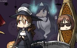 Rule 34 | !?, 10s, 3girls, black hair, brown hair, cape, commentary, dated, flying sweatdrops, ghost, giving up the ghost, glasses, hair over one eye, halloween, hamu koutarou, hat, hayashimo (kancolle), highres, jack-o&#039;-lantern, kantai collection, littorio (kancolle), long hair, multiple girls, natori (kancolle), nattou costume, open mouth, pun, sunglasses, sweat, triangular headpiece, very long hair, witch hat