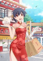 Rule 34 | 1girl, artist request, bag, bandaged arm, bandages, blue hair, breasts, china dress, chinese clothes, day, dress, food, hair ornament, highres, holding, holding food, kanbaru suruga, leaf, looking at viewer, medium breasts, monogatari (series), monogatari series puc puc, official art, open mouth, orange eyes, outdoors, shopping bag, solo, source request