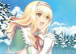 Rule 34 | 1girl, blonde hair, blue sky, bow, breasts, brown eyes, capelet, cleavage, cloud, cloudy sky, collar, day, dress, elmina (shining wind x), forest, frilled collar, frilled shirt collar, frills, gloves, green dress, hairband, highres, large breasts, long hair, nature, open mouth, own hands together, pine tree, red ribbon, ribbon, shining (series), shining wind, shining wind x, sky, smile, snow, solo, tony taka, tree, upper body, white gloves