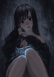 Rule 34 | 1girl, bare shoulders, black eyes, black hair, black nails, black theme, cellphone, dark, earrings, fingernails, highres, holding, holding phone, jewelry, jonpei, long hair, looking at viewer, mole, mole under eye, nail polish, original, parted lips, phone, pink lips, sitting, solo, teeth, upper teeth only