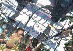 Rule 34 | 3girls, black hair, building, cityscape, commentary request, day, closed eyes, flag, flower, from behind, gondola, hair flower, hair ornament, island, lamppost, multiple girls, original, outdoors, palm tree, river, road, scenery, ship, signal lamp, skyline, smile, teikoku shounen, tree, walkway, watercraft