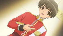 Rule 34 | 10s, 1boy, :d, artist request, brown hair, buttons, cosplay, dutch angle, game cg, hamlet, highres, kunikida (suzumiya haruhi), laertes, laertes (cosplay), long sleeves, male focus, military, military uniform, official art, open mouth, shoulder belt, sleeve cuffs, smile, solo, suzumiya haruhi no shoushitsu, suzumiya haruhi no tsuisou, suzumiya haruhi no yuuutsu, uniform