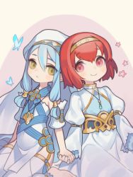 Rule 34 | 2girls, aqua hair, azura (fire emblem), bad id, bad pixiv id, bug, butterfly, cbc p, closed mouth, dress, fire emblem, fire emblem: mystery of the emblem, fire emblem fates, fire emblem heroes, holding hands, bug, jewelry, long hair, long sleeves, lowres, maria (fire emblem), multiple girls, necklace, nintendo, red eyes, red hair, short hair, sitting, smile, yellow eyes, aged down