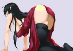 Rule 34 | 1girl, ahoge, all fours, ass, azur lane, bare shoulders, black hair, black thighhighs, breasts, cocktail dress, commentary request, dress, grey background, hair ornament, hanging breasts, highres, hip focus, huge ass, large breasts, long hair, looking at viewer, looking back, no panties, red dress, red eyes, shiozuke ikura, simple background, solo, taihou (azur lane), taihou (forbidden feast) (azur lane), thick thighs, thighhighs, thighs, very long hair, wide hips