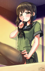 Rule 34 | 10s, 1girl, :d, adjusting clothes, adjusting legwear, black hair, black pantyhose, braid, brown eyes, carillus, copyright request, finger to mouth, grin, highres, index finger raised, kantai collection, kitakami (kancolle), long hair, looking at viewer, open mouth, pantyhose, pleated skirt, single braid, sitting, skirt, smile, solo