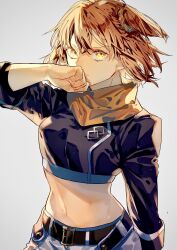 Rule 34 | 1girl, belt, belt buckle, black belt, buckle, closed mouth, commentary request, fate/grand order, fate (series), fujimaru ritsuka (female), fujimaru ritsuka (female) (true ether chaldea uniform), grey background, hair between eyes, hair ornament, hair scrunchie, highres, looking at viewer, midriff, nasubi illust, navel, official alternate costume, orange hair, scarf, scrunchie, serious, short hair, shorts, side ponytail, simple background, solo, stomach, white shorts, yellow eyes, yellow scarf