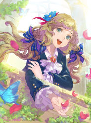 Rule 34 | 1girl, aqua eyes, arch, ascot, bad id, bad pixiv id, badge, blonde hair, buttons, dutch angle, flower, frilled sleeves, frills, hair flower, hair ornament, hair ribbon, holding own arm, long hair, low-tied long hair, md5 mismatch, motion blur, open hand, open mouth, original, petals, ribbon, smile, solo, tob, veranda, watermark, web address