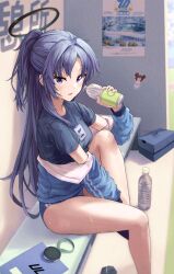 Rule 34 | 1girl, absurdres, bag (chrko bag), bare legs, black footwear, black halo, black shirt, blue archive, blue buruma, blue eyes, blue hair, blue jacket, bottle, breasts, buruma, commentary, gym shirt, gym uniform, halo, highres, holding, holding bottle, id card, jacket, jacket partially removed, lanyard, lemonade, long hair, looking at viewer, medium breasts, off shoulder, official alternate costume, on bench, open clothes, open jacket, parted bangs, parted lips, partially unzipped, ponytail, poster (object), removing shoes, shirt, short sleeves, sitting, solo, stadium, star sticker, sticker on face, stopwatch, sweatdrop, track jacket, watch, water bottle, yuuka (blue archive), yuuka (track) (blue archive)