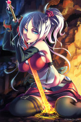 Rule 34 | 1girl, :p, bad id, bad pixiv id, bare shoulders, belt, between breasts, black gloves, blue eyes, breasts, elbow gloves, fingerless gloves, flaming sword, flaming weapon, flower, gloves, hair flower, hair ornament, highres, large breasts, long hair, loup, original, pink hair, ponytail, rose, sideboob, sitting, skirt, solo, sword, thigh strap, thighhighs, tongue, tongue out, upskirt, wariza, weapon