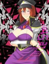 Rule 34 | 00s, 1girl, bad id, bad pixiv id, blue eyes, breasts, character name, cleavage, coat, dress, forte stollen, galaxy angel, grin, hat, large breasts, monocle, multiple girls, one eye closed, red hair, shinku p, short hair, smile