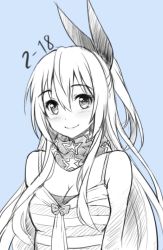 Rule 34 | 10s, 1girl, aged up, blue background, blue theme, blush, breasts, cleavage, dated, hair ribbon, half updo, kirisaki chitoge, long hair, looking at viewer, medium breasts, monochrome, nisekoi, ribbon, scarf, shirt, sketch, smile, solo, spaghetti strap, striped clothes, striped shirt, tonee, upper body