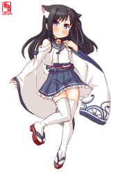 Rule 34 | 1girl, animal ear fluff, animal ears, artist logo, asashio (azur lane), asashio (azur lane) (cosplay), asashio (kancolle), azur lane, bell, black hair, blue eyes, blue skirt, cat ears, cat girl, commentary request, cosplay, dated, geta, hair ribbon, highres, historical name connection, jingle bell, kanon (kurogane knights), kantai collection, long hair, long sleeves, looking at viewer, name connection, pleated skirt, ribbon, sandals, shirt, simple background, skirt, solo, standing, thighhighs, white background, white shirt, white thighhighs, wide sleeves
