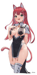 Rule 34 | 1girl, absurdres, animal ears, arm behind back, arpeggio kaga, bare hips, bell, blush, breast curtains, breastless clothes, breasts, breasts apart, cat ears, cat girl, cat tail, china dress, chinese clothes, covered erect nipples, cowboy shot, cropped legs, double-parted bangs, dress, fang, green eyes, hair ornament, hairclip, hand on own chest, high-waist dress, high collar, highres, loincloth, long hair, looking at viewer, medium breasts, multicolored hair, neck bell, open mouth, original, red hair, short sleeves, sidelocks, simple background, skin fang, smile, solo, streaked hair, tail, tassel, thighhighs, two-tone dress, white background