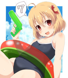 Rule 34 | 1girl, arm support, blue one-piece swimsuit, blue sky, blush, border, breasts, competition school swimsuit, day, fang, hair ribbon, happy, holding, holding toy, naname ushiro, one-piece swimsuit, open mouth, outdoors, red eyes, red ribbon, ribbon, rumia, school swimsuit, short hair, sky, small breasts, solo, swimsuit, touhou, toy, water gun, white border